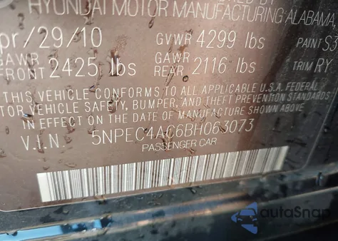 2011 Hyundai Sonata Se z USA, uszkodzony, nr VIN 5NPEC4AC6BH063073